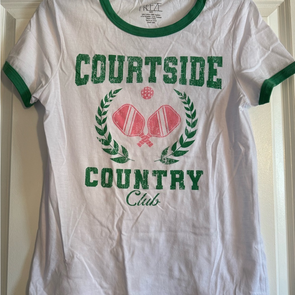 Freeze White Ringer Tee with Green Trim & Pink Paddle Graphic